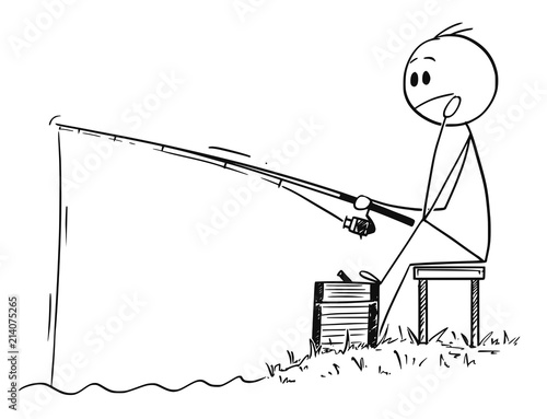 Cartoon stick drawing conceptual illustration of man or fisherman sitting on the shore of lake or river and fishing patiently.