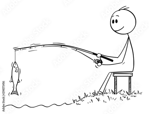 Cartoon stick drawing conceptual illustration of man or fisherman sitting on the shore of lake or river and catching a fish.