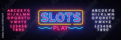 Slots Play neon sign vector. Slot Machine Design template neon sign, light banner, neon signboard, nightly bright advertising, light inscription. Vector illustration. Editing text neon sign