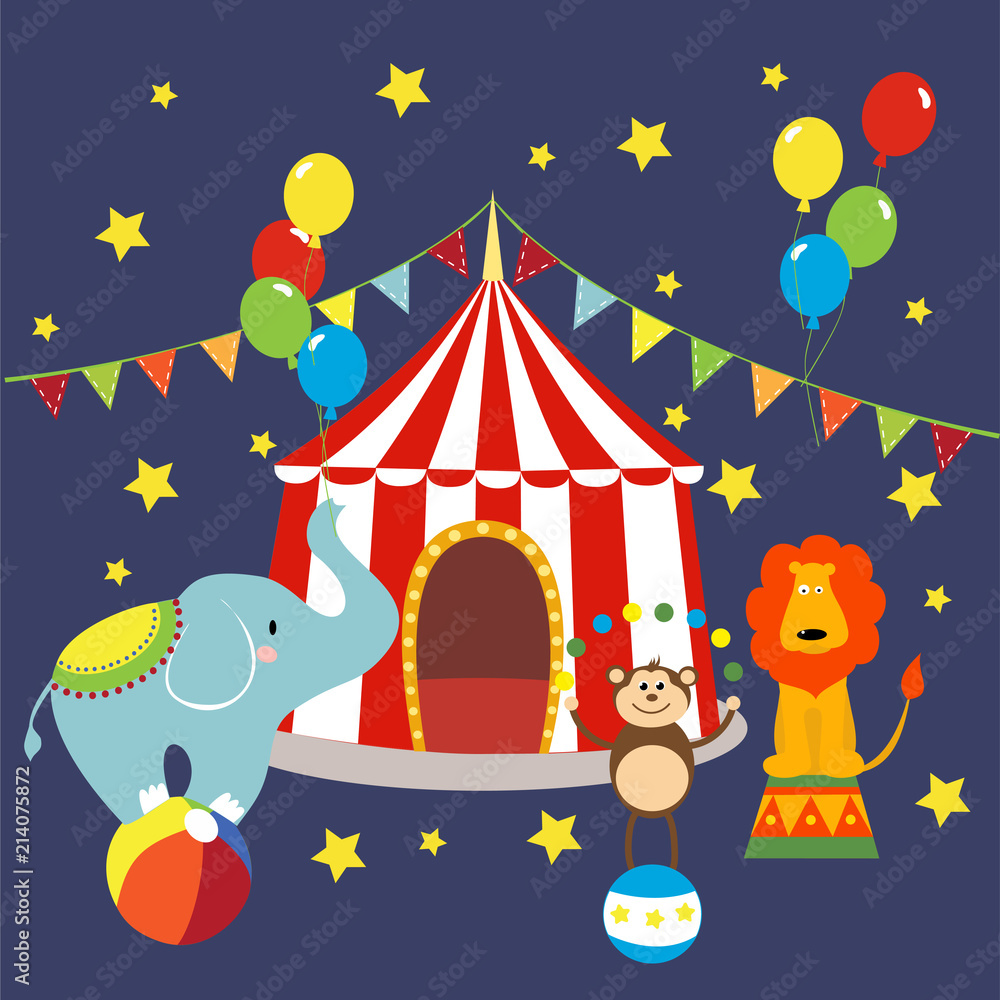 Carnival with striped tents, cheerful circus, elephant, lion and monkey. Vector illustration. Carnival with striped tents, cheerful circus, elephant, lion and monkey. Vector illustration.