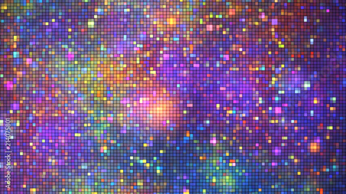 Abstract glittering geometric texture with orange, blue and violet pixels. Fantasy fractal design. Digital art. 3D rendering. photo