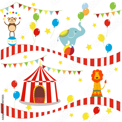 Seamless background, pattern, cartoon cute elephant, lion and monkey with circus tent. vector illustration.
