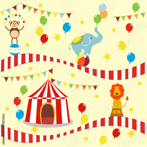 Seamless background, pattern, cartoon cute elephant, lion and monkey with circus tent. vector illustration.