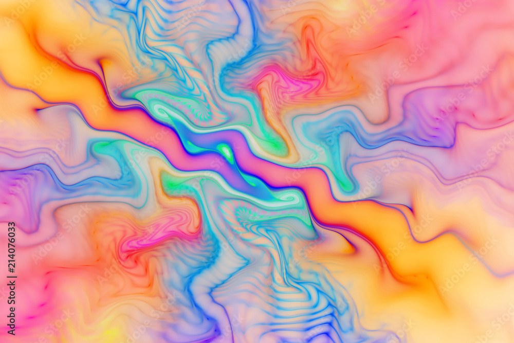 Abstract orange, pink and blue wavy background. Psychedelic fractal texture. Digital art. 3D rendering.