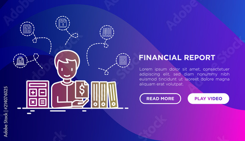 Financial report concept: accountant with calculator and financial documents in folders. Modern vector illustration, web page template on gradient background.