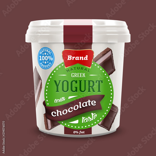 natural classic Greek nonfat yogurt jar with chocolate pieces ,  commercial vector advertising mock-up 