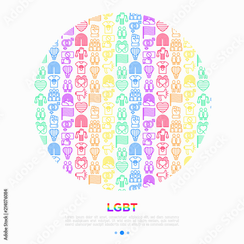 LGBT concept in circle with thin line icons: gay, lesbian, rainbow, coming out, free love, flag, support, stop homophobia, LGBT rights, pride day. Modern vector illustration for print media.