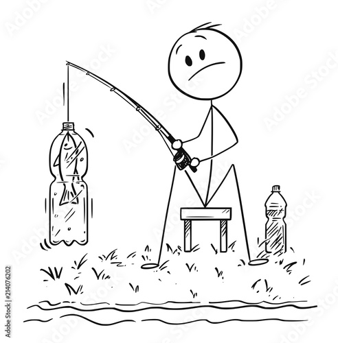Cartoon stick drawing conceptual illustration of man or fisherman sitting on the shore of lake or river and catching a fish in plastic pet bottle.