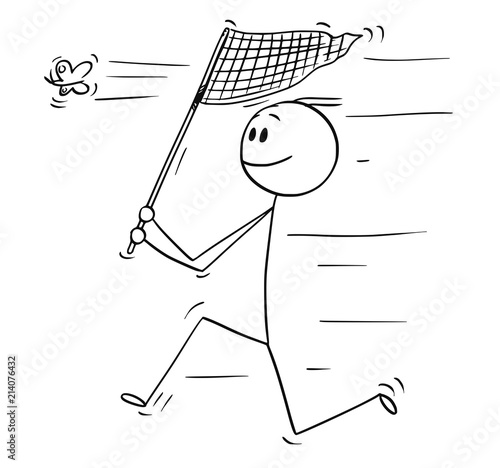 Cartoon stick drawing conceptual illustration of man running with net and catching a butterfly.