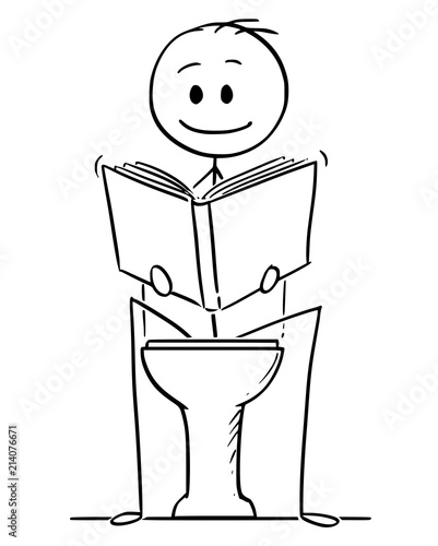 Cartoon stick drawing conceptual illustration of man sitting on toilet and reading a book