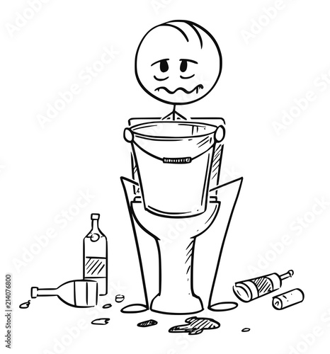 Cartoon stick drawing conceptual illustration of sick or drunk man sitting on toiled with bucket for vomiting in hands. Empty bottles are lying around.