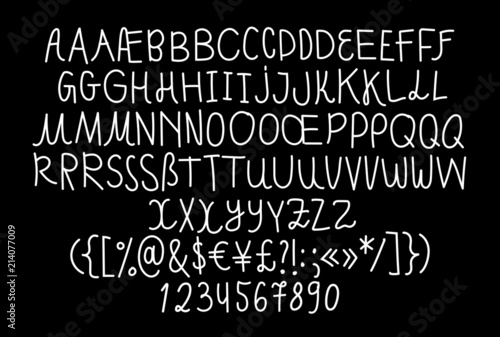 Hand written awkward and childish school naive linear script font, monoline calligraphic font, personal lettering, signage typography, english alphabet, all caps letters with language support