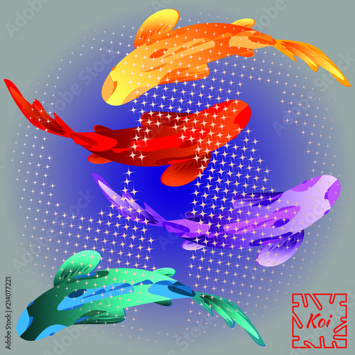 Set with a fish, multi-colored koi carp against blue gradient background and sparkling stars. Vector illustration, Cyprinus Carpio.