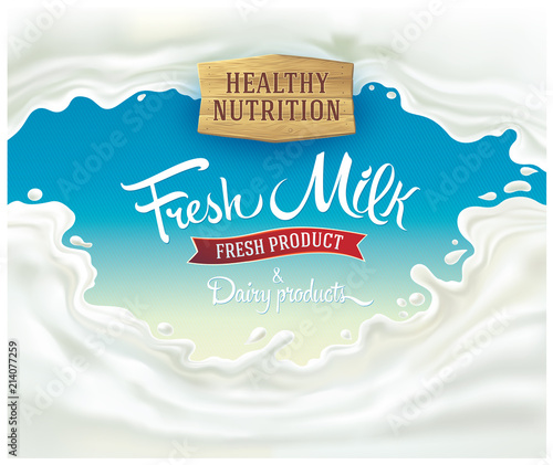 Splash of milk, with a set of inscription as set design elements for label or packaging of dairy products