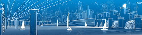 City infrastructure industrial and energy illustration panorama. Hydro power plant. River Dam. Large automobile bridge. White lines on blue background. Vector design art