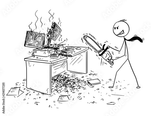 Cartoon stick man drawing conceptual illustration of angry or mad businessman with chainsaw destroying computer and working desk. Business concept of frustration and repressed aggression.