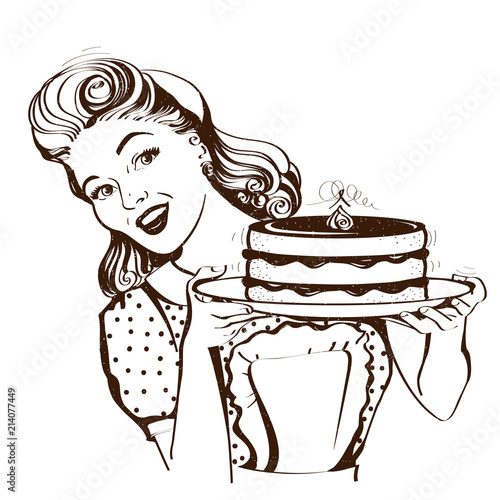 Retro smiling housewife holding big cake in her hands.Vector graphic illustration