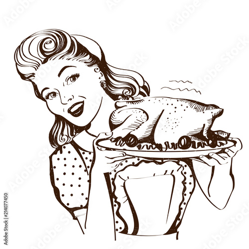 Retro smiling housewife cooks roasted turkey in the kitchen