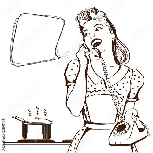 Retro young woman talking on phone in her kitchen.Vector graphic illustration for text