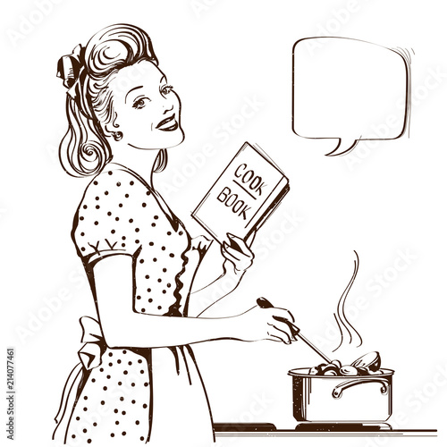 Retro young woman cooking soup in her kitchen room.Vector graphic illustration isolated on white
