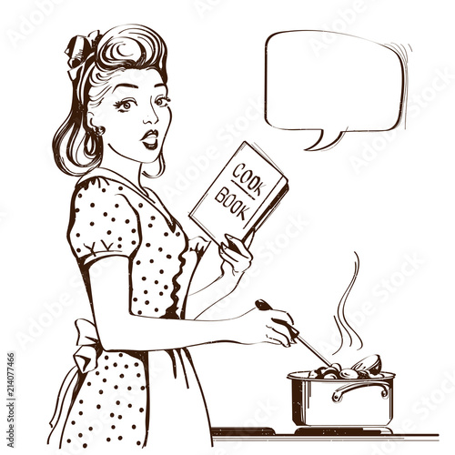 Retro young woman cooking soup in her kitchen room.Vector graphic illustration