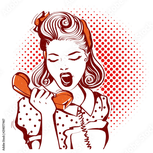 Portrait of angry woman in retro style clothes talking on the phone