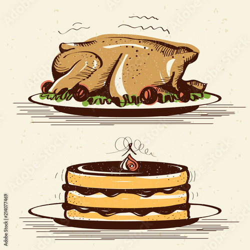 Retro smiling housewife cooks roasted turkey in the kitchen