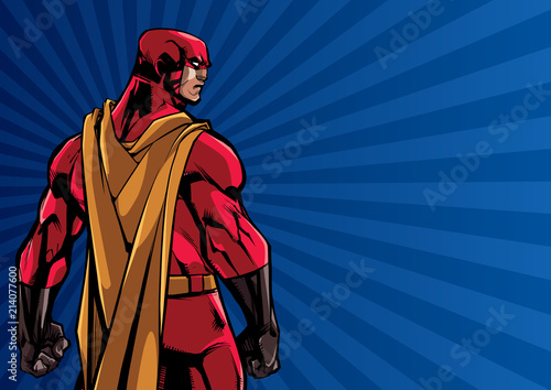 Comics style illustration of powerful superhero standing on ray light background.