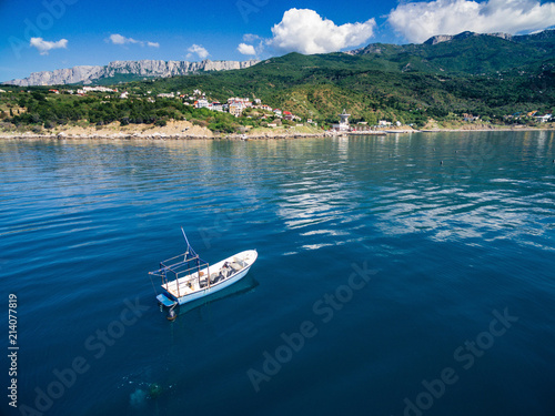 View from the top down by boat passing by, Black Sea, Crimea