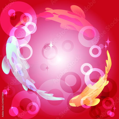 Set with fish, Koi carp on background of red gradient and sparkling spheres. Vector illustration, Cyprinus Carpio.