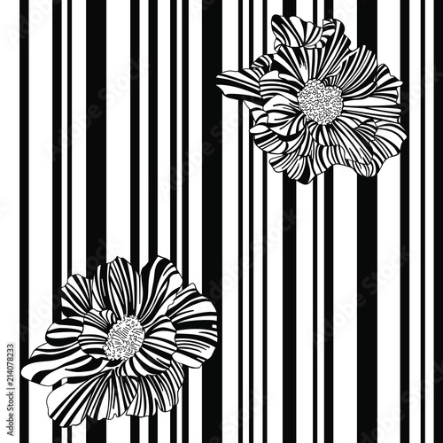 Striped, monochrome, black and white seamless pattern with flowers.