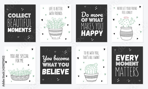 Wallpaper Mural Vector set of postcards with line drawing house plant in pot with slogan about friend Torontodigital.ca
