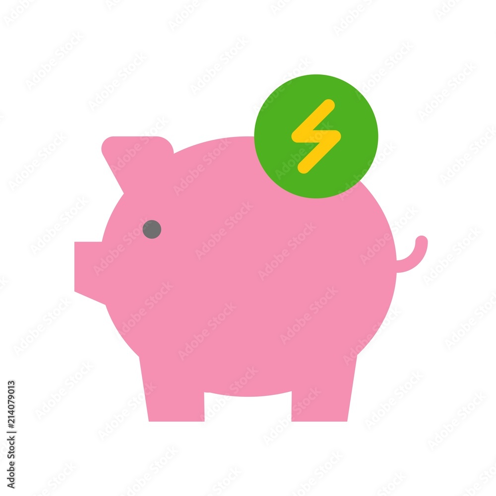 Piggy bank and flash sign, Flat icon saving energy and environmental concept Piggy bank and flash sign, Flat icon saving energy and environmental concept