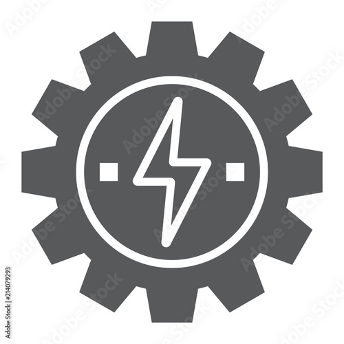Gear with lightning glyph icon, ecology and energy, energy development sign, vector graphics, a solid pattern on a white background, eps 10.