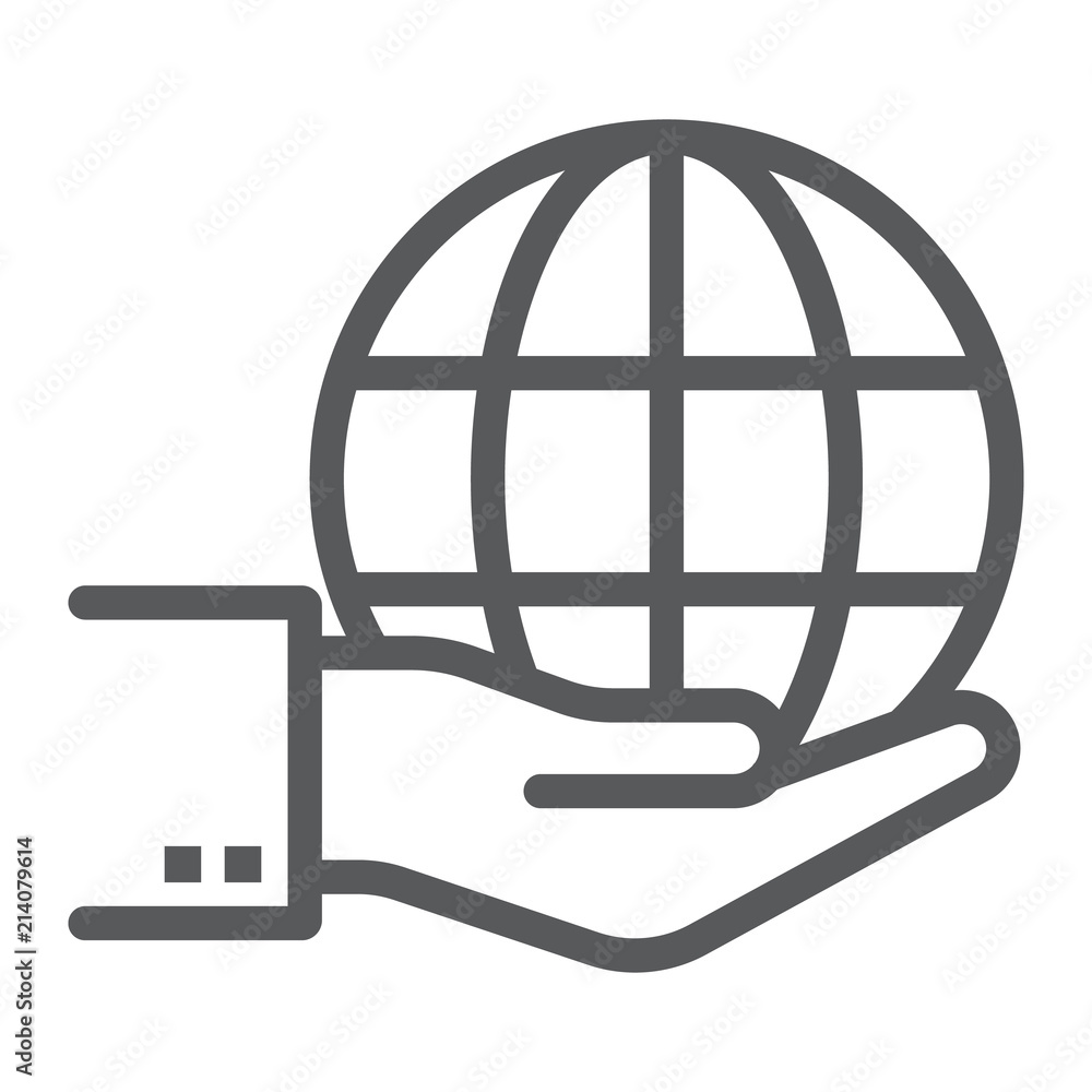 Globe on hand line icon, ecology and energy, save the planet sign, vector graphics, a linear pattern on a white background, eps 10. Globe on hand line icon, ecology and energy, save the planet sign, vector graphics, a linear pattern on a white background, eps 10.