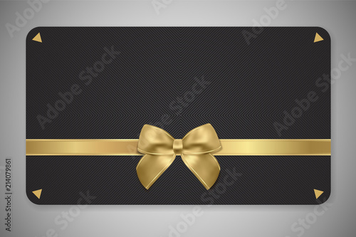 Gift card (Gift card discount), Gift coupon with golden ribbon, gold bow and black pattern. Black background design (dark) for voucher template design, invitation, ticket. Vector