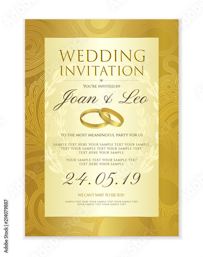 Wedding invitation design template (Save the date card). Classic Golden background with gold wedding rings useful for any Invitations,  marriage, anniversary, engagement part
