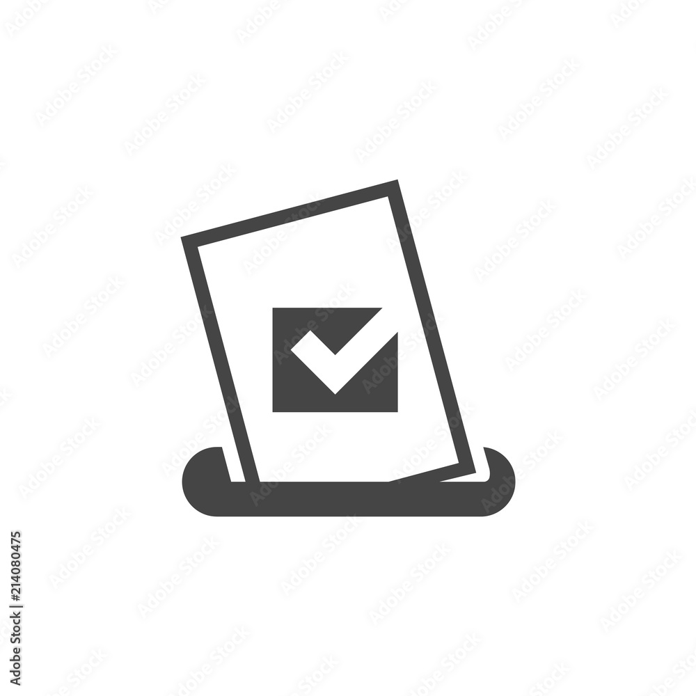Bulletin with check mark placed in box. Voting document glyph icon. Marketing survey, anonymous choice, quality control service concept label. Vector logo in black flat style isolated Bulletin with check mark placed in box. Voting document glyph icon. Marketing survey, anonymous choice, quality control service concept label. Vector logo in black flat style isolated