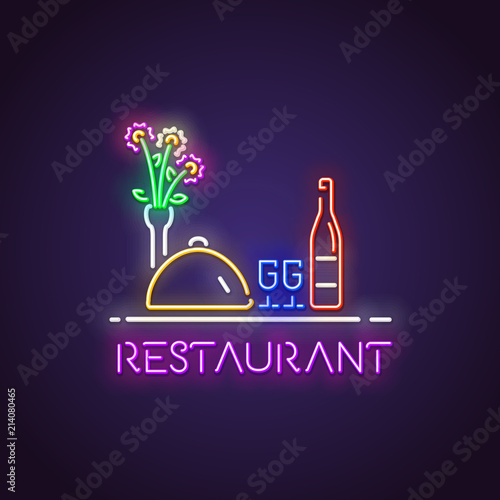 Glowing neon sign of restaurant table with served food and alcohol drinks. Restaurant letters glowing in retro colors. Bottle of wine and food. Neon lamp bright signboard.