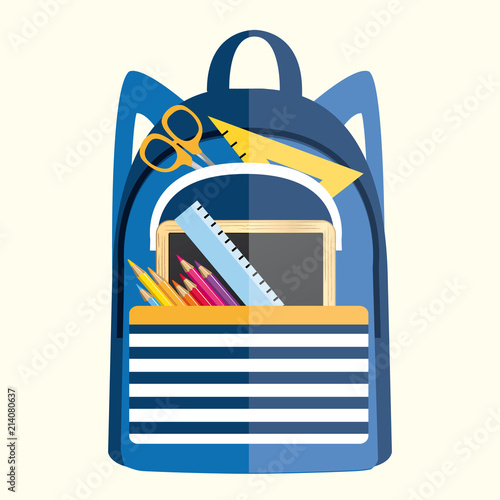 Backpack with school supplies. Back to school vector illustration.