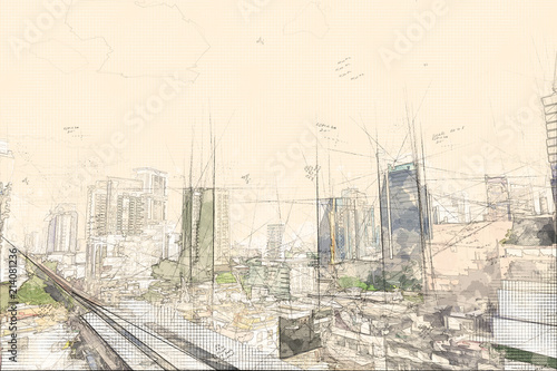 sketch architecture with photo. Digital art style.