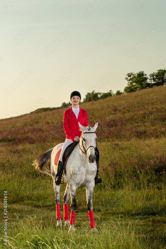 The horsewoman on a red horse. Horse riding. Horse racing. Rider on a horse.