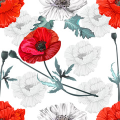 Acrylglasbilder Mohnblumenmuster Mohnblüten Silhouetten auf Weissem Grund  © umsure