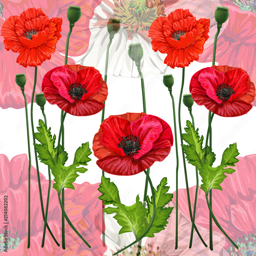 Obraz premium Poppy flowers abstract style ,seamless pattern ,vector illustration