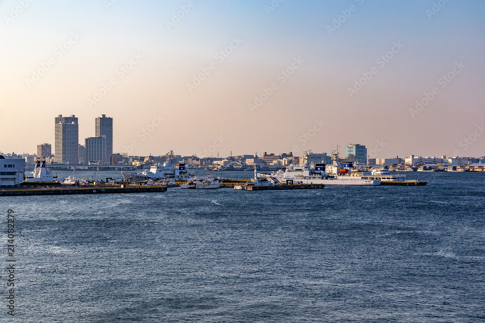 Yokohama port and Tokyo Bay at Sunset