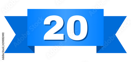 20 text on a ribbon. Designed with white caption and blue tape. Vector banner with 20 tag.