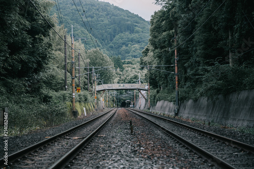 Japanese local railway and train station in film vintage style