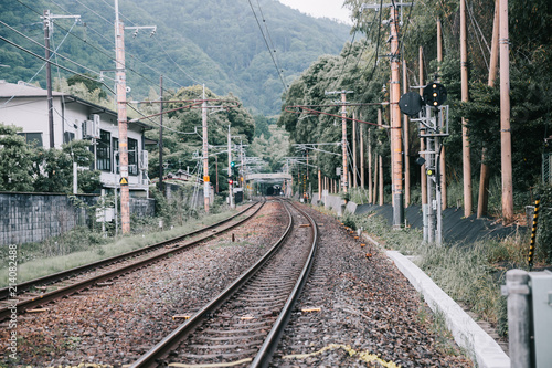 Japanese local railway and train station in film vintage style photo