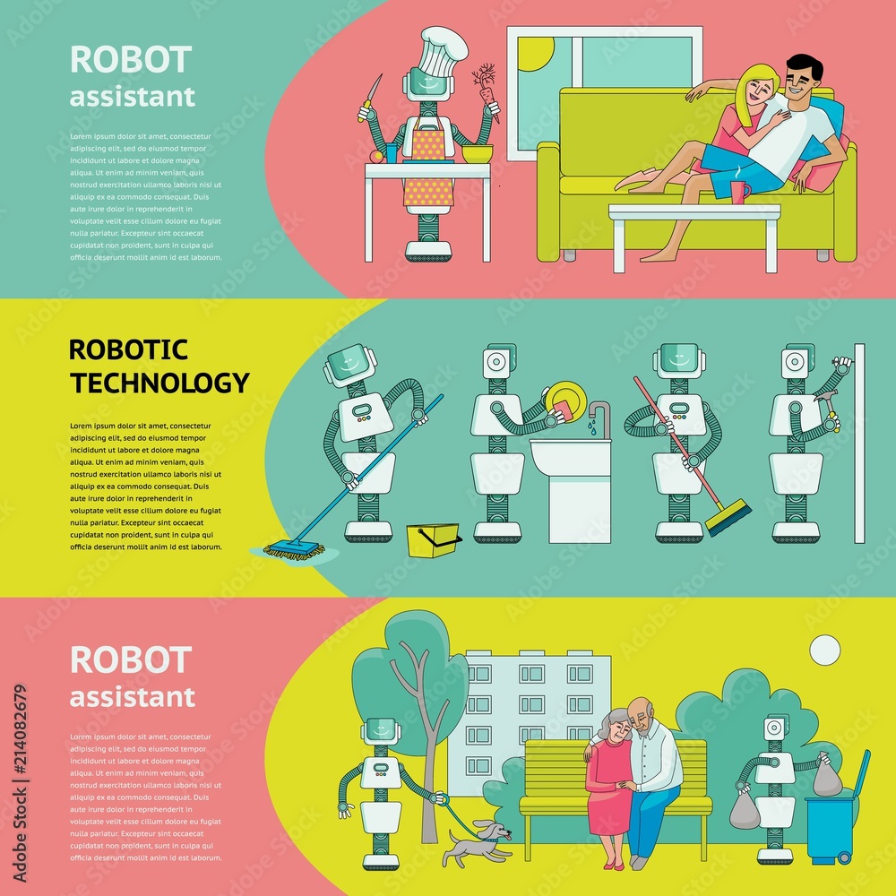 Flat fuman robots in modern life banner set. Bot working at home, support with household chores, walking with dog. Data science innovation, artificial intelligence machine learning Vector illustration