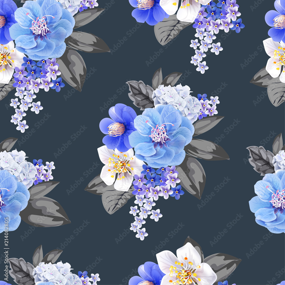 Fototapeta Chińskiej śliwki kwiatów błękitnego koloru tła bezszwowy wzór, wektorowa ilustracja